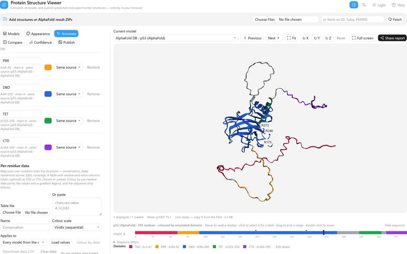 p53 coloured by five named domains with the cancer hotspot residues R175, R248 and R273 labelled, and the domain list.