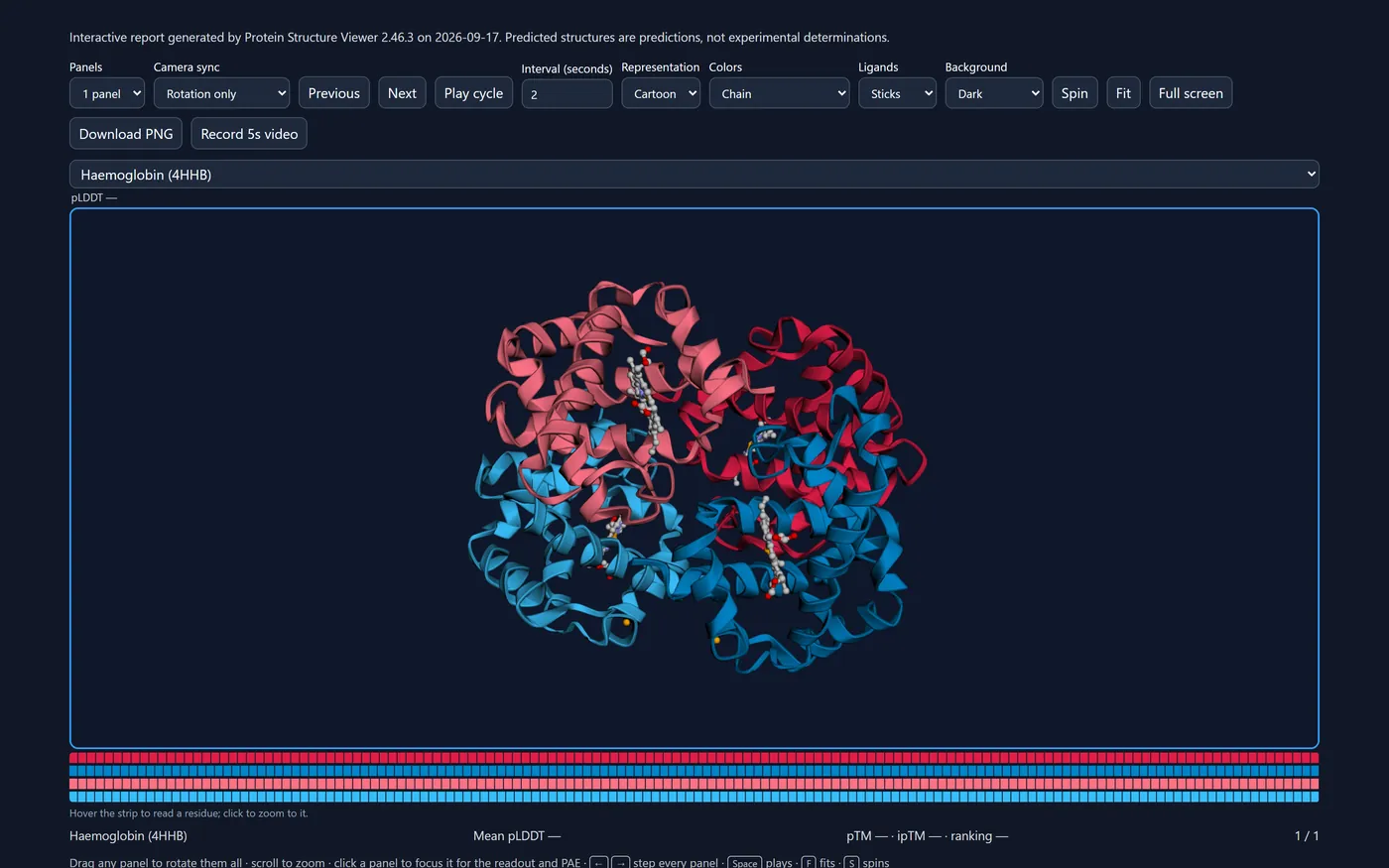 Interactive report exported from the viewer, showing human haemoglobin with its subunits coloured by chain.