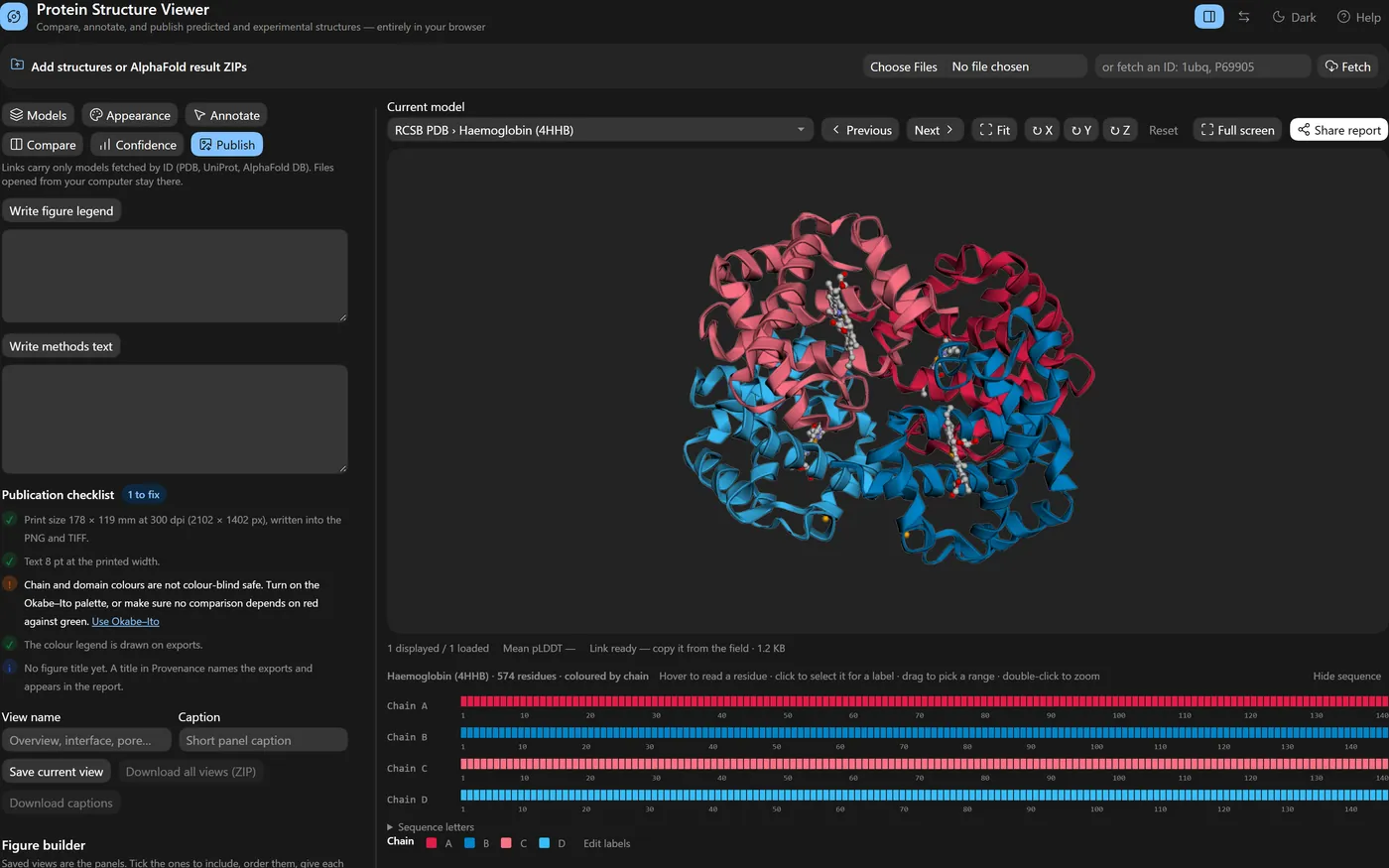The Publish tab with the share link, report and session controls.